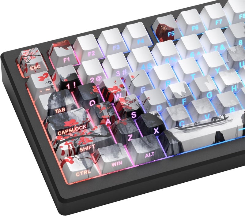 COSTOM Womier PBT Keycaps Set 130 Keys, Custom White Japanese Keyboard Doubleshot Dye Sub Side Print Shine Through Keycaps 60 65 75 100 Percent, Cherry Profile (Plum Blossom) - Image 1